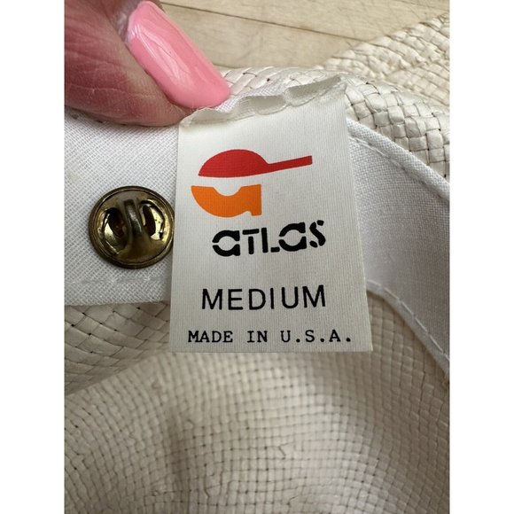 Vintage 1990’s Atlas Sun Natural Straw Hat w/red Trim Wrap 1992 British Pin, USA